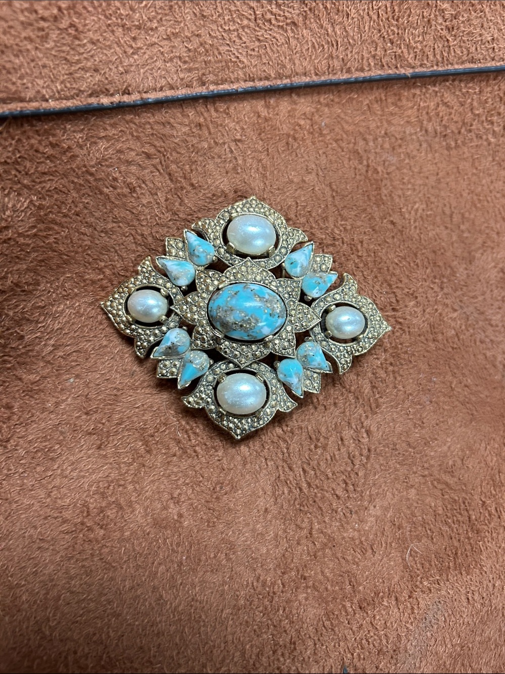 Sarah Coventry Turquoise Blue and Pearl Gold-Tone Floral Brooch